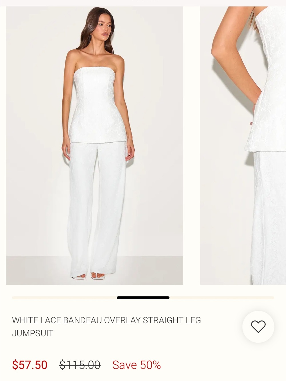 PrettyLittleThing White Lace Strapless Overlay Straight-Leg Jumpsuit